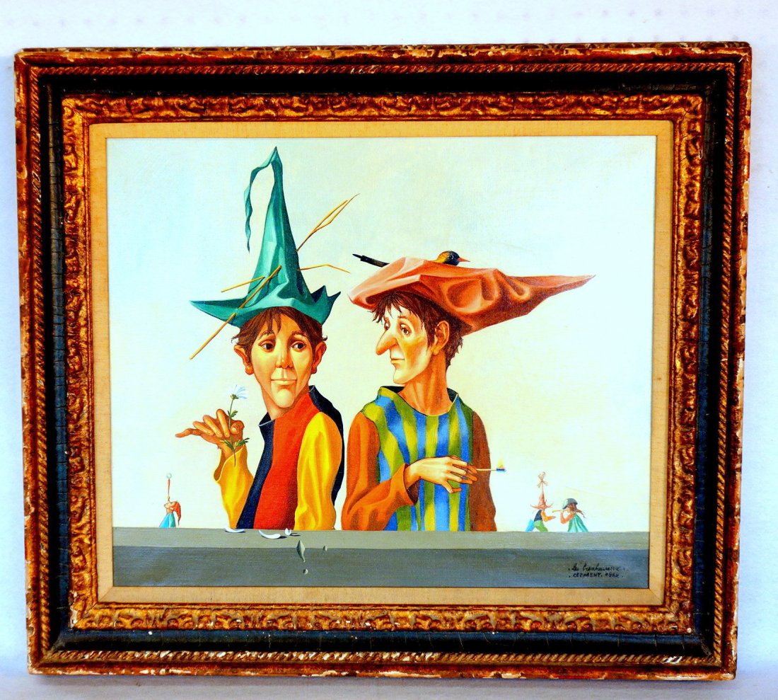 O/C Portrait of 2 jesters in foreground and 3 jesters: O/C Portrait of 2 jesters in foreground and 3 jesters in background - one foreground jester holding a lighted match the other a daisy, signed Clement (Jean Pierre Clement, France born 1943) and titled
