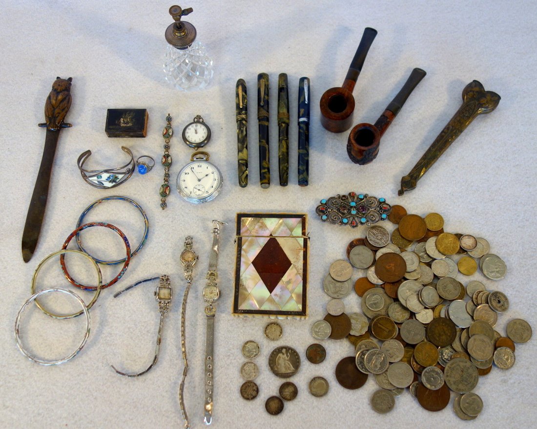 Grouping of old coins and decorative items including: Grouping of old coins and decorative items including bronze owl form letter opener with glass eyes, micro mosaic bracelet, 2 lady's art deco wrist watches (broken bands), Mexican silver bracelet and m