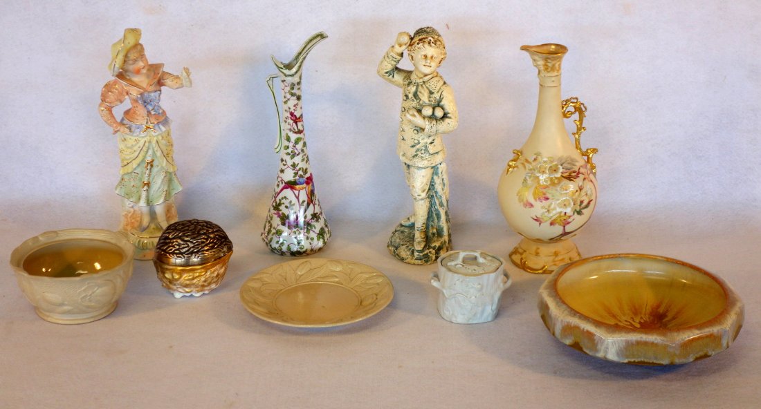Grouping of 9 decorative items including German: Grouping of 9 decorative items including German figurine of standing lady - 12"H, 3 salt glazed pottery (one missing lid), chalkware figure of young boy, green glazed signed Fulper vase 10"D x 2.75"H,