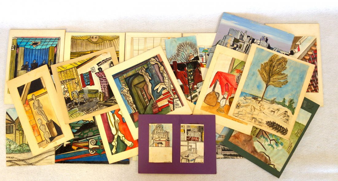 Large lot of Keefer Thomas (American, 20th century): Large lot of Keefer Thomas (American, 20th century) artwork (only some signed, but others attributed to him). Size range - 3" x 5" x 7.5" x 8.5". Mostly W/C's in very good condition.