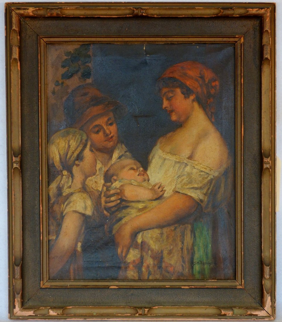 O/C Portrait of 3 ladies with baby - early 20th century: O/C Portrait of 3 ladies with baby - early 20th century - 2 repairs noticeable on reverse - signed J.M. Robinson - 16" x 20".