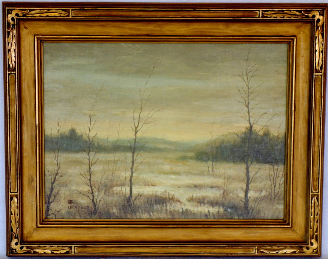 O/B Landscape with bare trees and snowy meadow, signed: O/B Landscape with bare trees and snowy meadow, signed Leon Dabo but signature not guaranteed and has not been authenticated. We are selling it as a good quality decorative painting. Newer frame in Ar