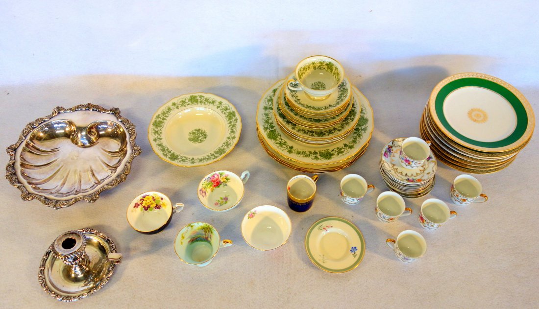 Large grouping of decorative items including various: Large grouping of decorative items including various European china (Bavarian demitasse cups and saucers, partial Bavarian dinner service, etc.), silver plate chamber stick, etc.