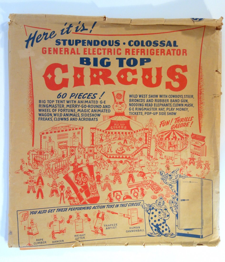 General Electric Refrigerator's Big Top Circus. - 60: General Electric Refrigerator's Big Top Circus. - 60 pieces in original package - not used but we noticed that 2 small cardboard piece were missing: Policeman's arm and bar from circus wagon, otherwis