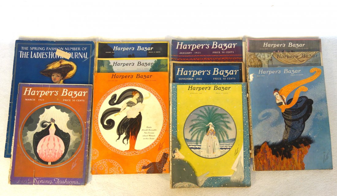 Grouping of 10 Harper's Bazar magazines, 1919-1923, six: Grouping of 10 Harper's Bazar magazines, 1919-1923, six with good covers and 9 by Erte - others with loose cover and damaged binding, and "The Spring Fashion Number of The Ladies' Home Journal" 1909 w