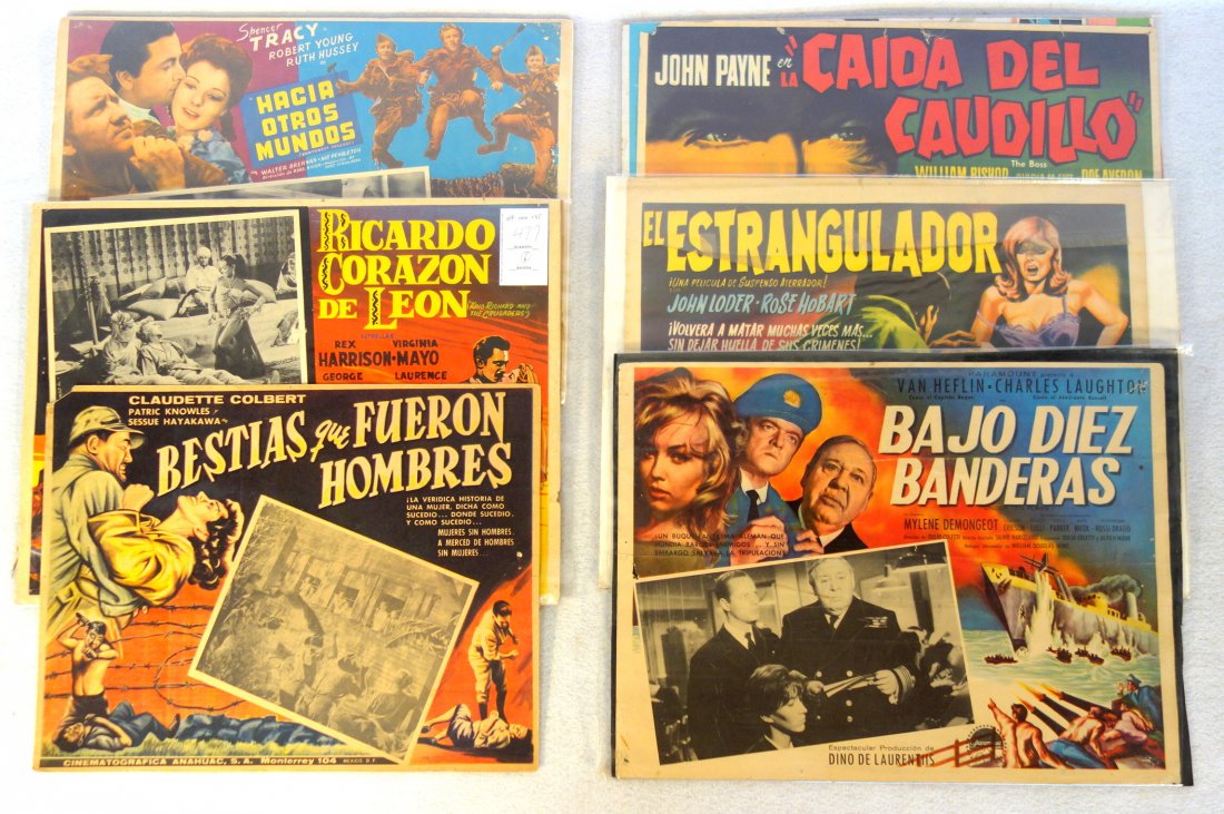 Grouping of 6 Mexican lobby cards circa 1950 with: Grouping of 6 Mexican lobby cards circa 1950 with mostly American actors including Rex Harrison, etc. All in good condition. 17" x 12.75"