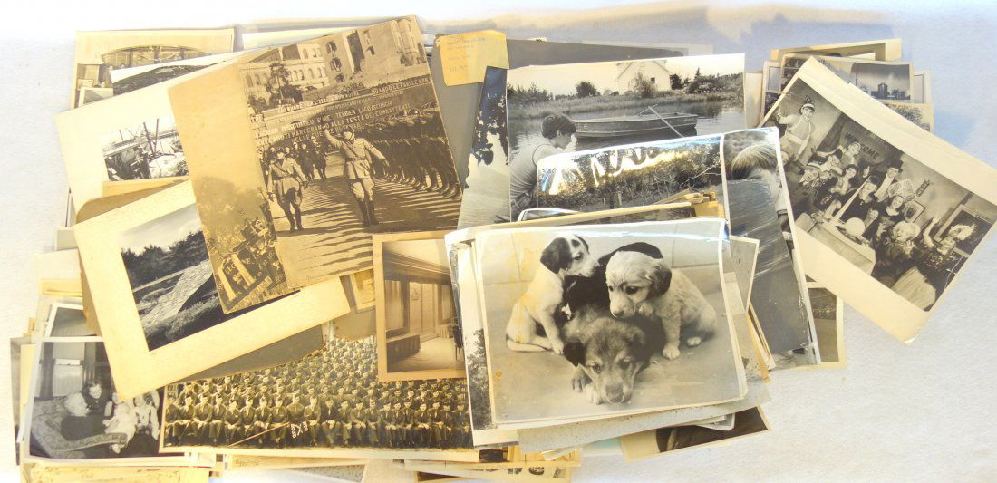 Large group of old black and white photos including: Large group of old black and white photos including interior scenes from 1930-50, early photos of James Peale still life artworks, other photos of artwork, portraits, animal photos including cats and