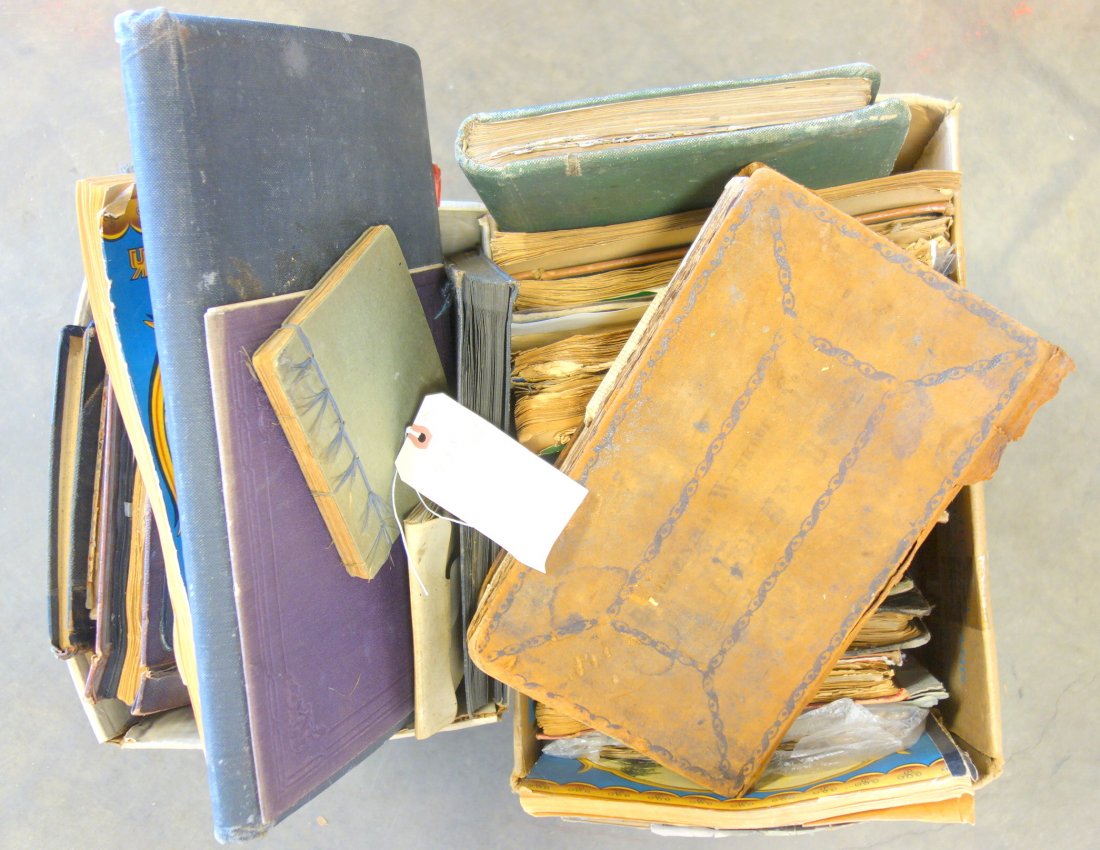Large collection of scrap books including 1950's: Large collection of scrap books including 1950's newspaper clippings, boat building ledger from 1909 Belvedere California, old ledger covered with newspaper clippings hiding a ledger from the 1820's,