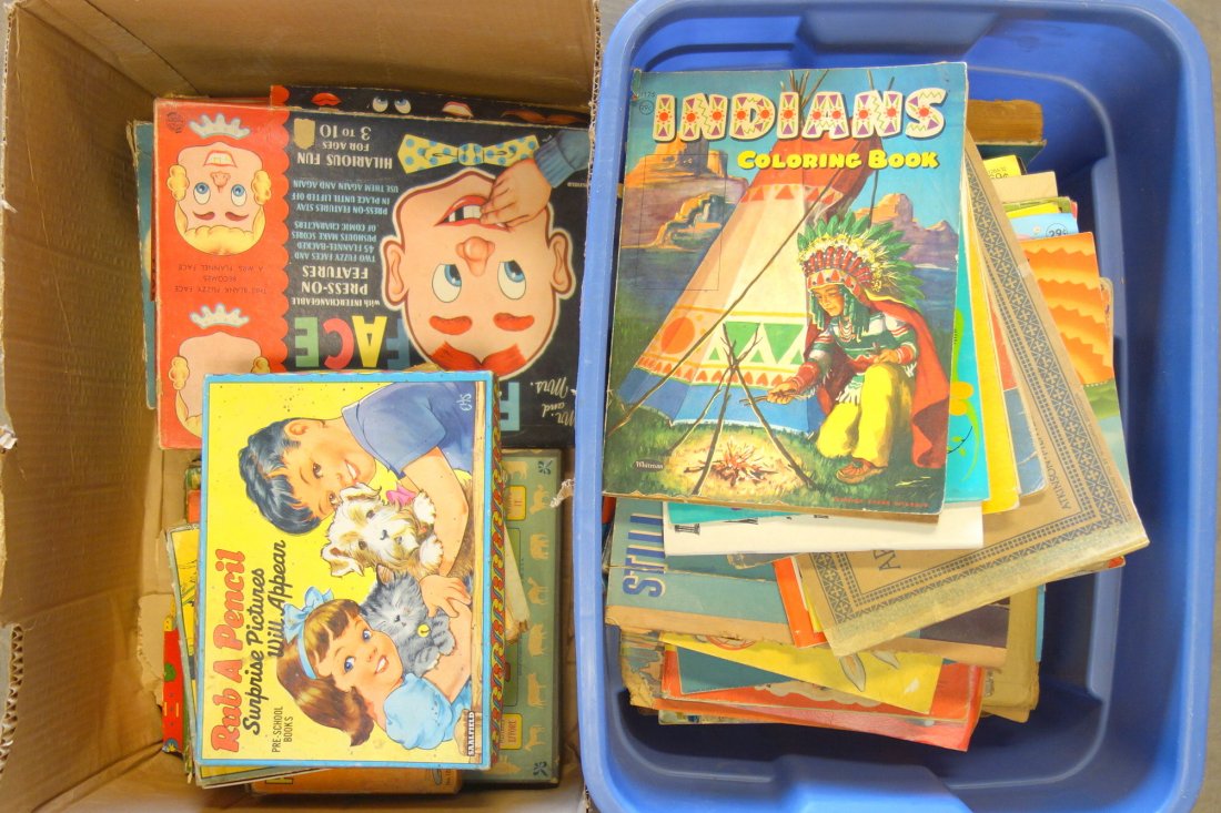Large lot of children's games, puzzles, and coloring: Large lot of children's games, puzzles, and coloring and work books including paint set 1942, Milton Bradley Science question game 1939, early colorful lithographed puzzle, Rub-A-Pencil game, other bo
