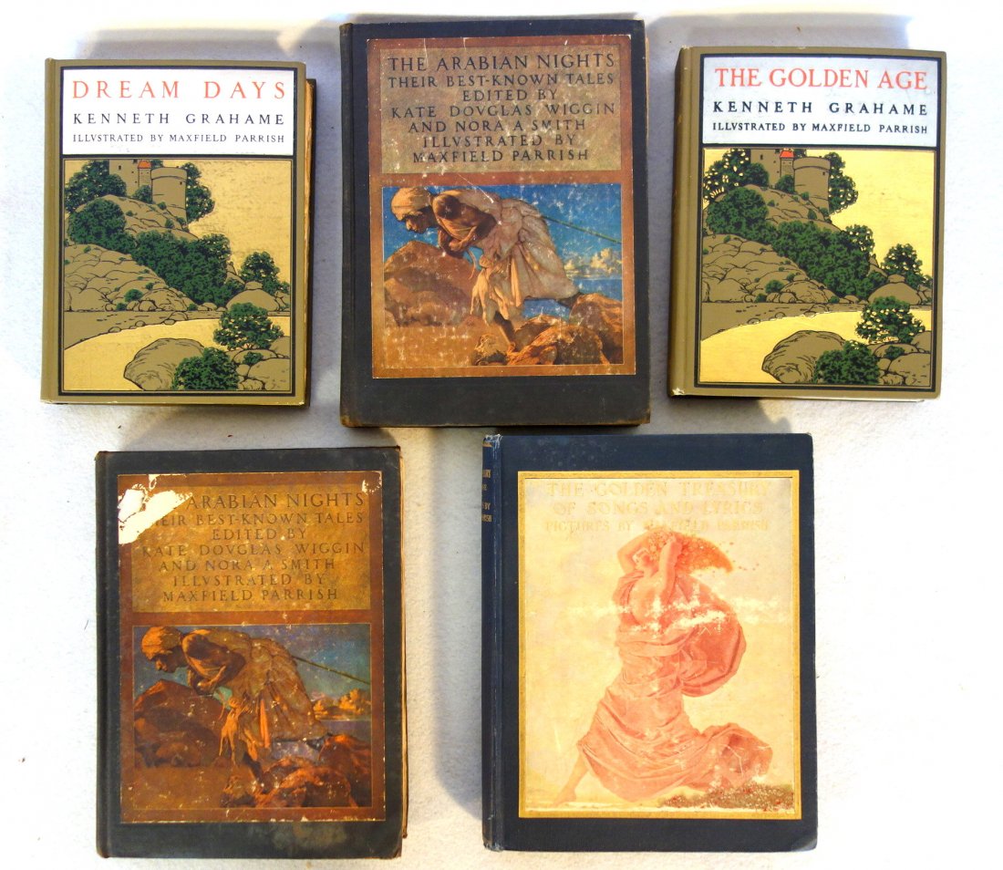 Grouping of 5 books illustrated by Maxfield Parrish: Grouping of 5 books illustrated by Maxfield Parrish including Dream Days & The Golden Age both by Kenneth Grahame, second edition 1904 - both in excellent condition; The Golden Treasury of Songs and L