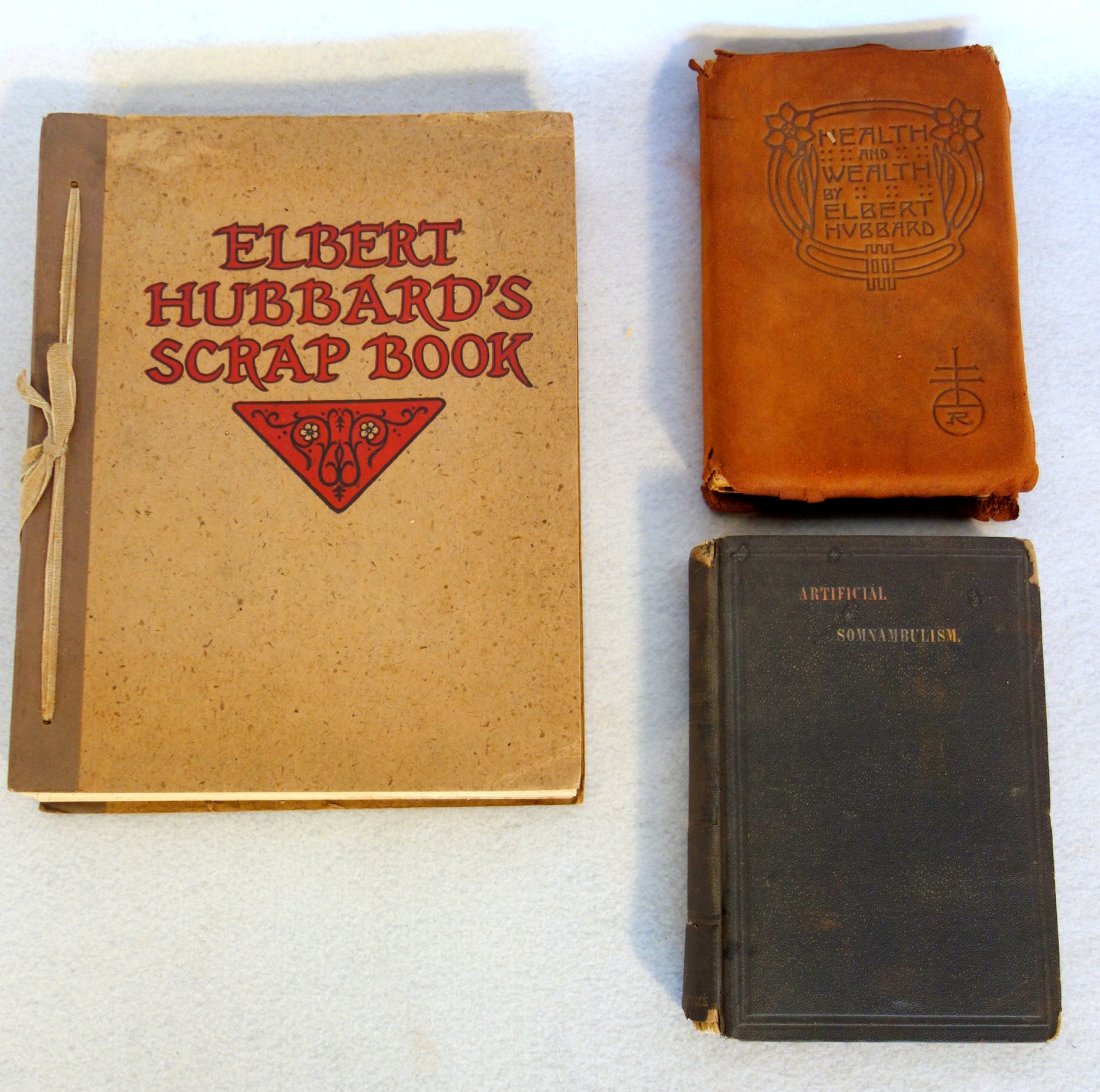 Three books including: "Health and Wealth" by Elbert: Three books including: "Health and Wealth" by Elbert Hubbard - published by the Roycrofters 1908 - 1st edition - good condition; "Elbert Hubbard's Scrap Book" published in 1923 by the Roycrofters - ti