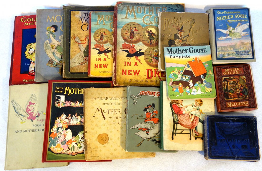 Grouping of 15 Mother Goose story books, most late 19th: Grouping of 15 Mother Goose story books, most late 19th to early 20th century in fair to very good condition. Includes Mother Goose In A New Dress by McLoughlin Brothers NY - 1st edition copyright 188