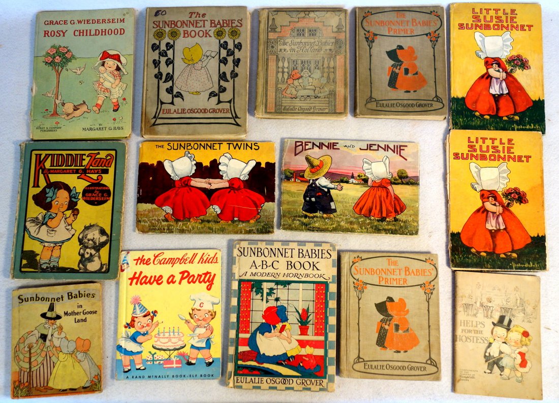 Grouping of 14 children's books including 9 Sunbonnet: Grouping of 14 children's books including 9 Sunbonnet Babies - all in fair to good condition; 2 Grace G. Wiederseim illustrated books - both with losses to spine, else good condition with many full pa