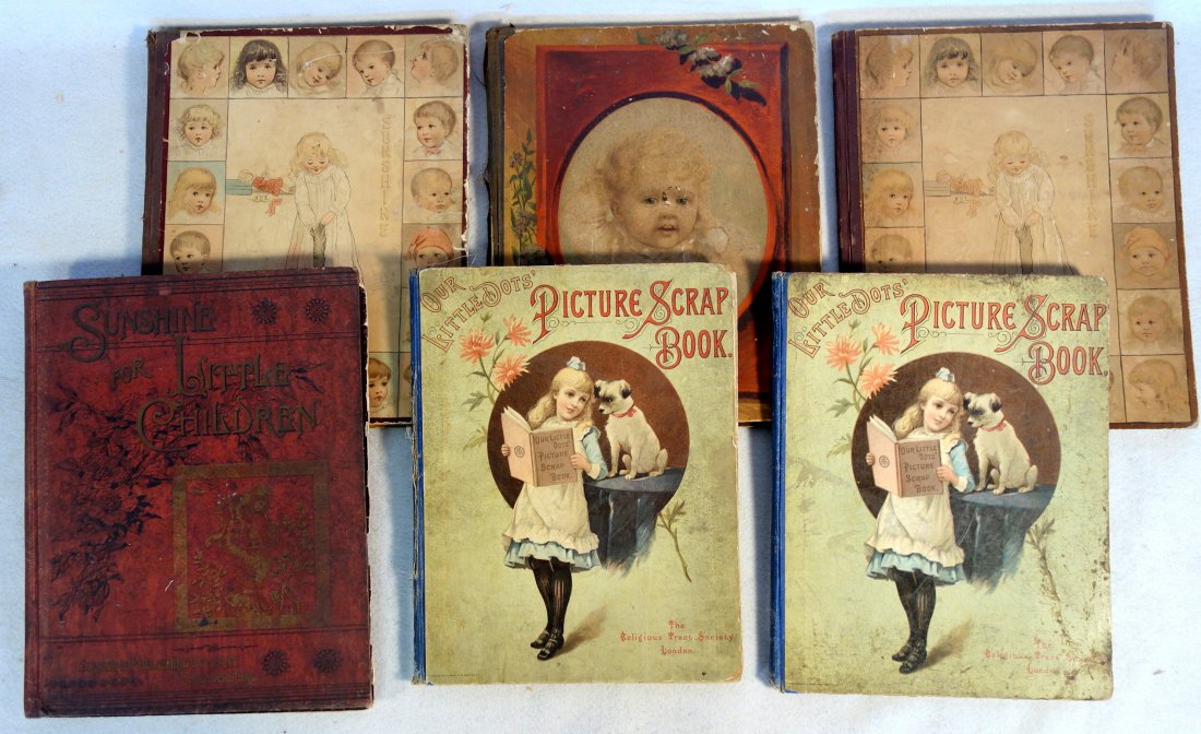 Grouping of 6 early children's books including: Two: Grouping of 6 early children's books including: Two books entitled Our Little Dots' Picture Scrap Book - one inscribed in ink on front page "Master Warren Schryner - Christmas 1890 - From Uncle John p