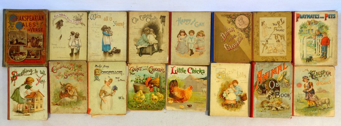 Grouping of 15 Victorian era children's books, various: Grouping of 15 Victorian era children's books, various subjects, many with colored illustrations including: "Little Chicks" published by Nister/Dutton late 19th century; "Tales From Longfellow" illust
