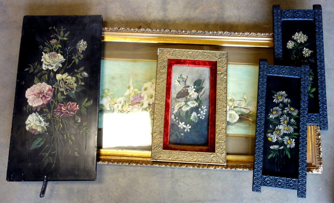 Five Victorian era floral paintings: Five Victorian era floral paintings including large W/C white dogwood flowers & others in gesso frame (minor losses to frame), plus 4 other small floral paintings on board. Size range 6.5" x 18.5" to 
