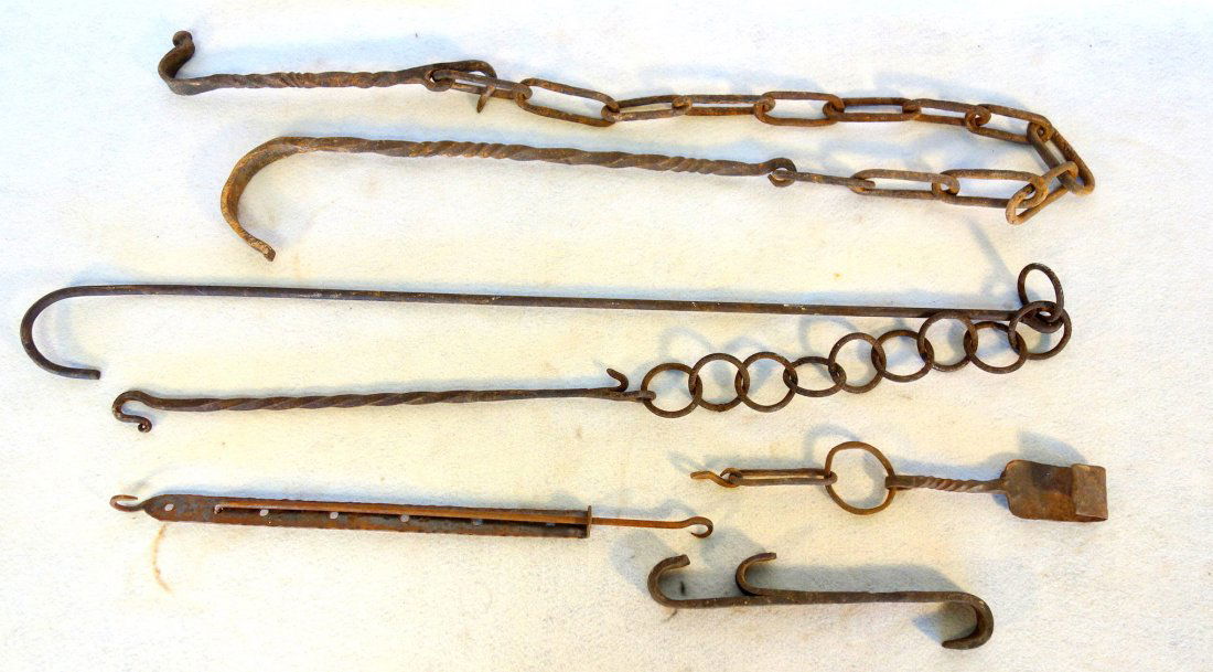 Grouping of 5 early iron trammels, various sizes 11"H (1 of 3)