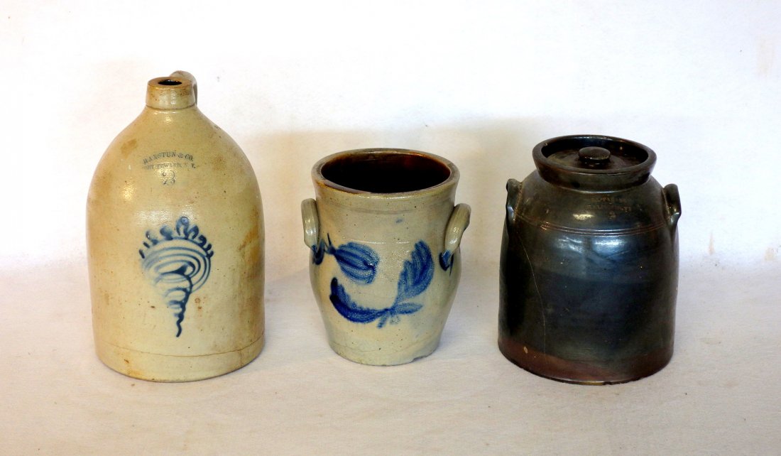 Three stoneware pieces including 2 gallon jug with blue (1 of 4)
