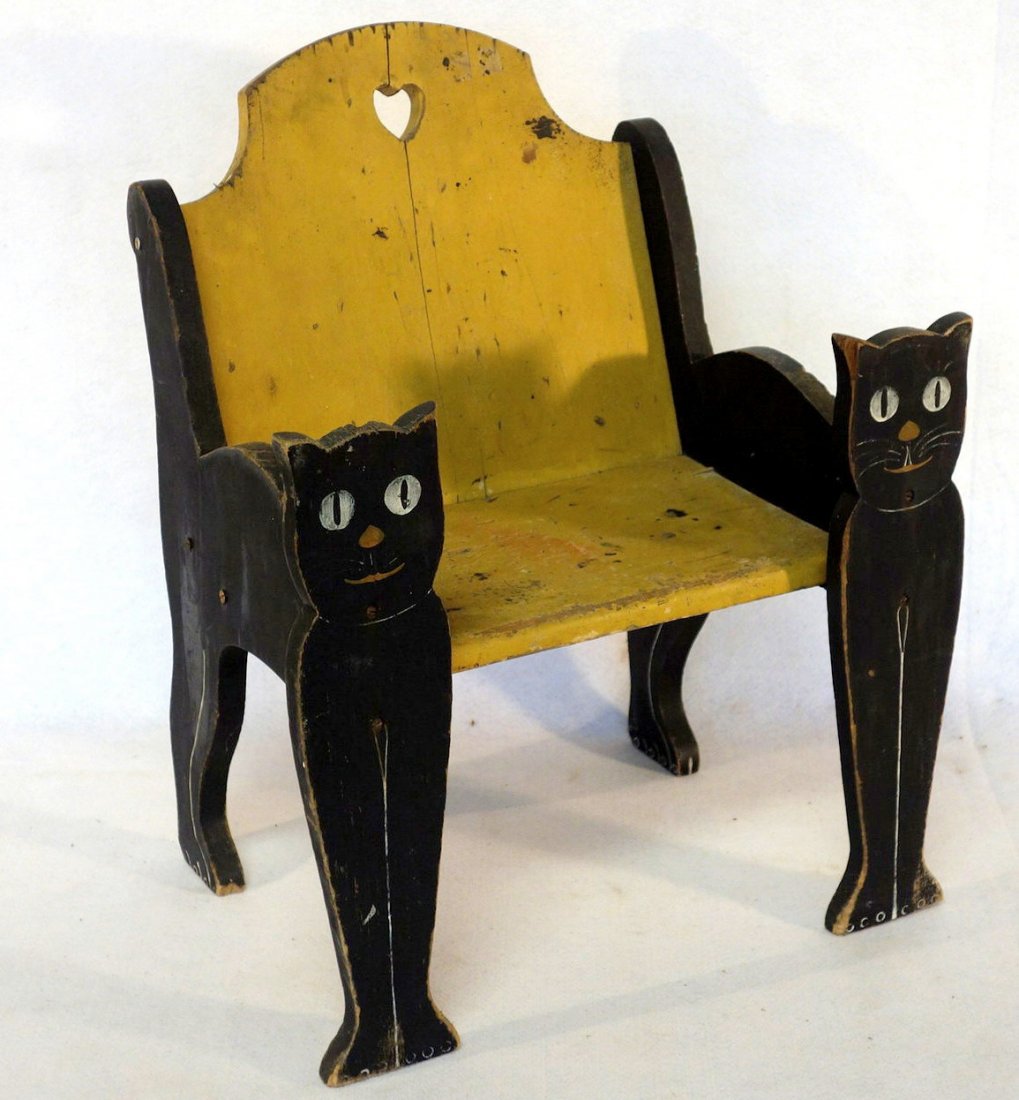 Folk art child chair with "black cat" form sides and (1 of 2)