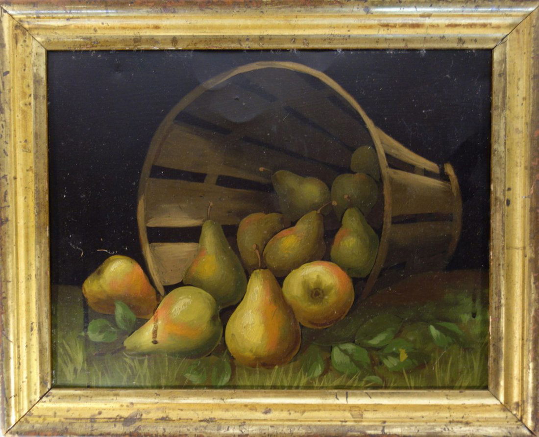 Oil on tin panel, still life of pears in basket. Late (1 of 2)