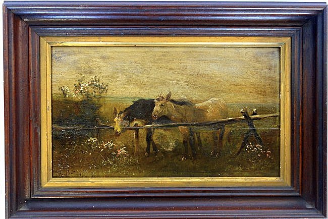 O/B Country landscape with 2 donkeys peering over fence (1 of 4)