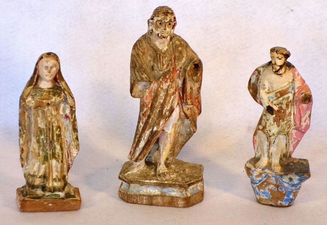 Three early carved and painted wooden Santos figures, (1 of 3)