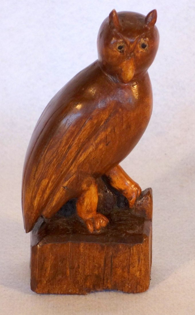 Carved stylized owl in old brown paint with black eyes,: Carved stylized owl in old brown paint with black eyes, possibly by Edgar McKillop (North Carolina 1879-1950) - 7.75"H. Very good condition.