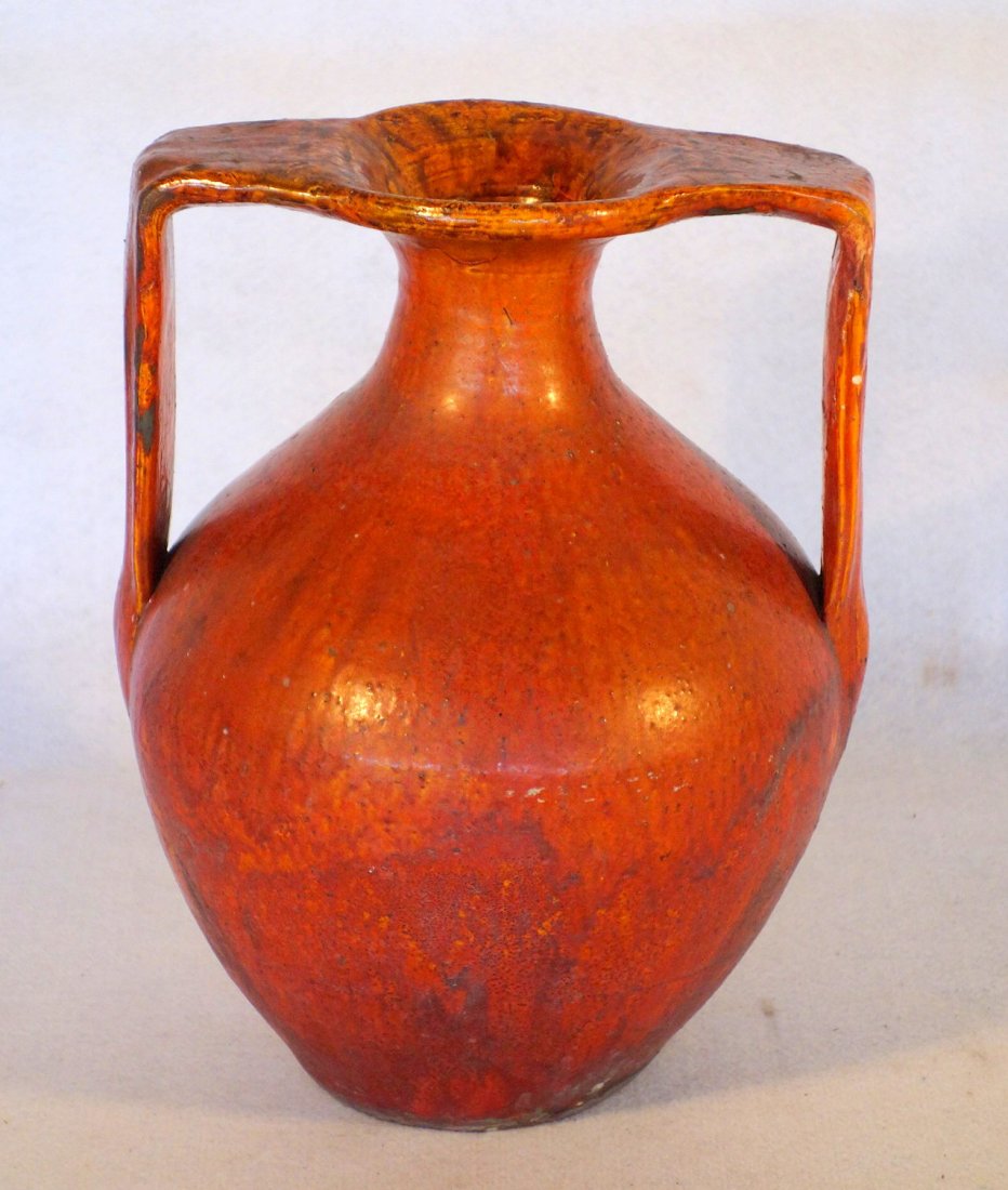Redware double handled 19th century jug. Red and orange (1 of 5)