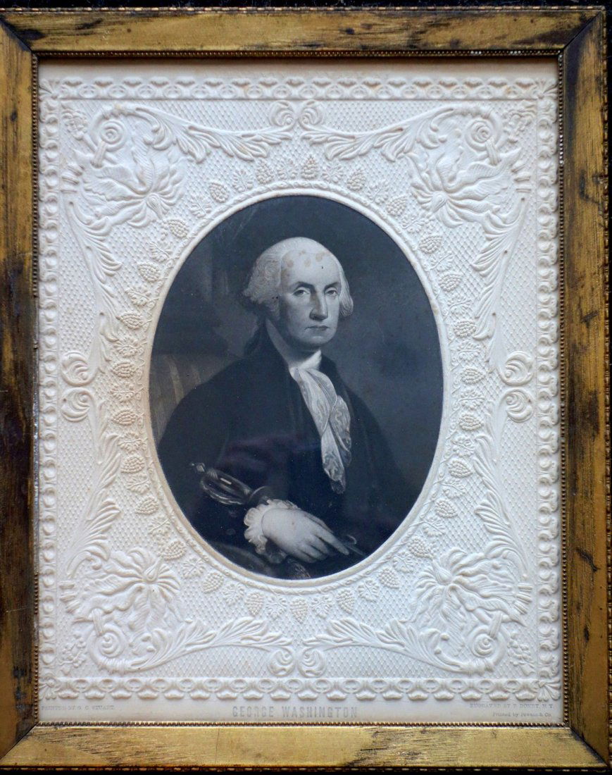 Mezzotint of George Washington holding sword within the: Mezzotint of George Washington holding sword within the original ornate white pressed cardboard oval matting after a painting by Gilbert Stuart, engraved by T. Doney, NY and printed by Powell & Co. (T