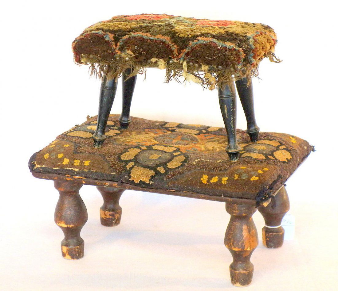 Two early foot stools with turned feet and hooked rug (1 of 5)