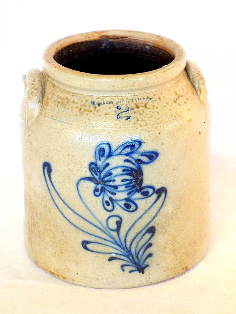 Stoneware 2 gallon crock with large cobalt blue flower (1 of 5)