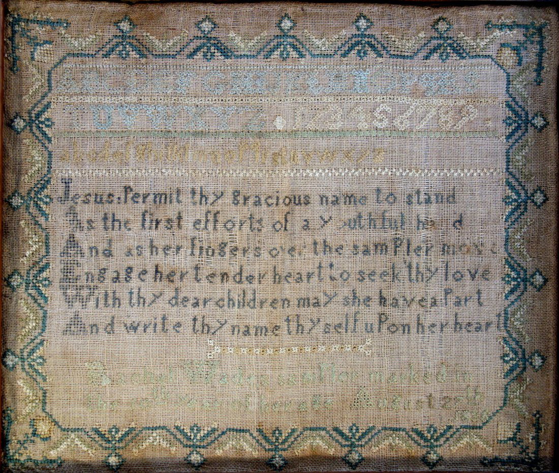 Framed sampler with alphabet and poem signed " Rachel (1 of 3)
