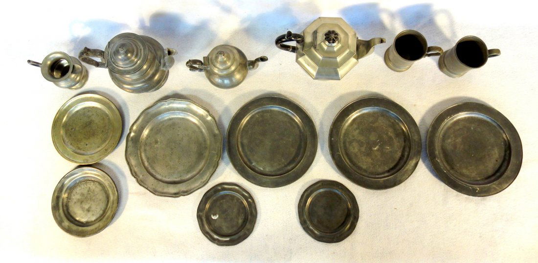 Grouping of 14 pieces of pewter including 8 plates (1 of 4)