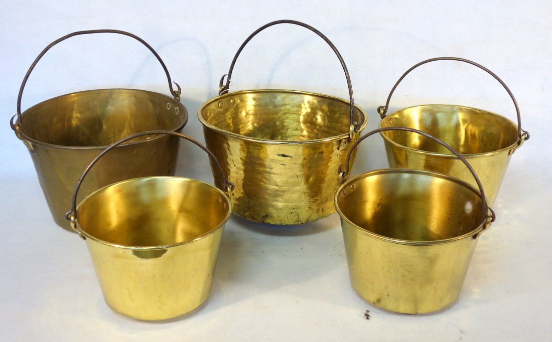 Grouping of 5 spun brass apple buckets with hand forged (1 of 4)
