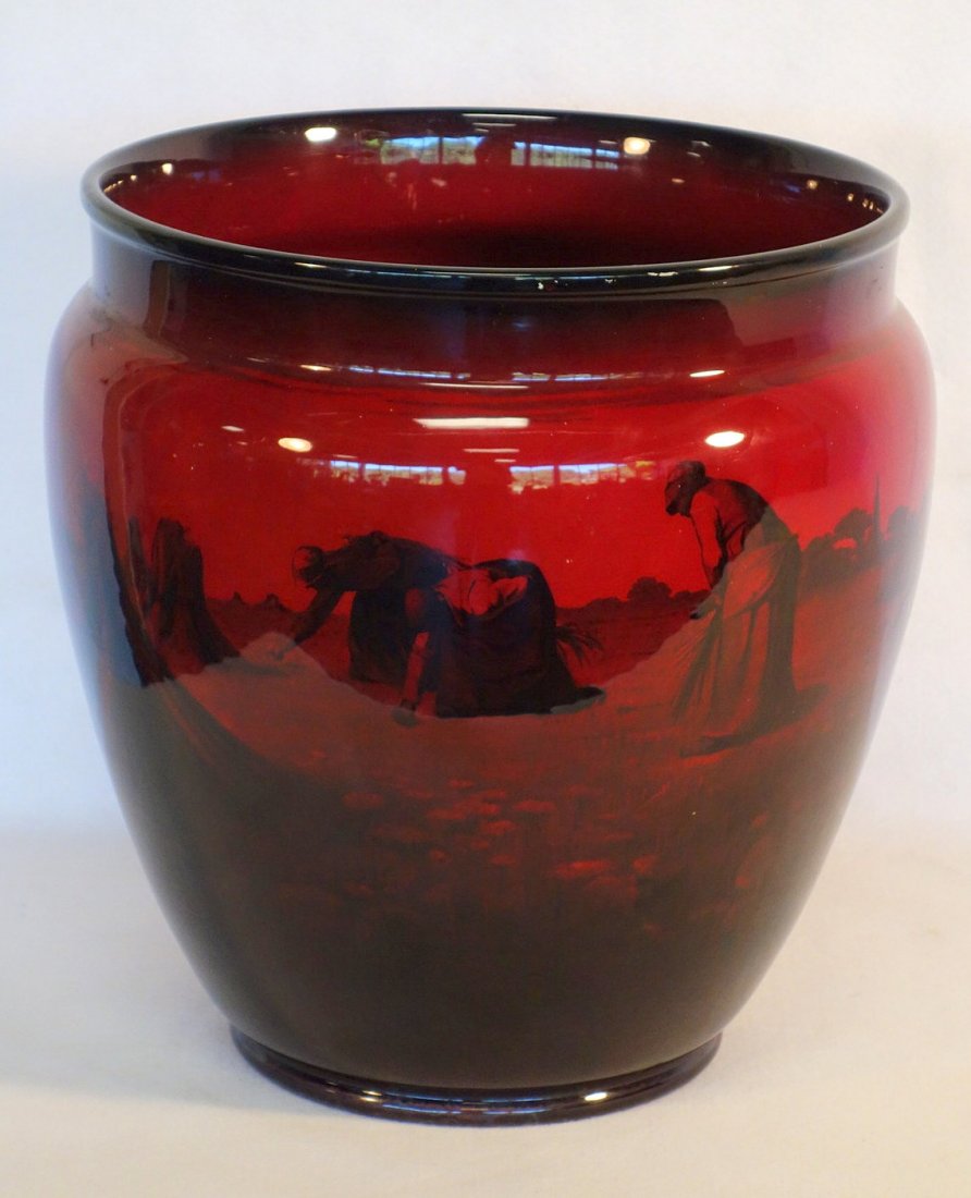 Large Royal Doulton Flambe jardinere decorated with: Large Royal Doulton Flambe jardinere decorated with farmhouse, field workers, and hay stacks - slight surface scratches, no cracks, chips or repairs. Overall very good condition. 14.75"H x 14"D.