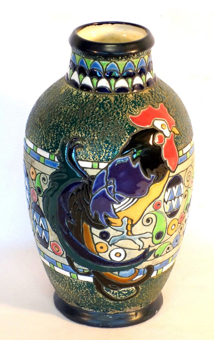 Amphora vase decorated with a large rooster, stylized: Amphora vase decorated with a large rooster, stylized flowers and tile work - base signed Czechoslovakia Amphora. Excellent condition. 14"H.