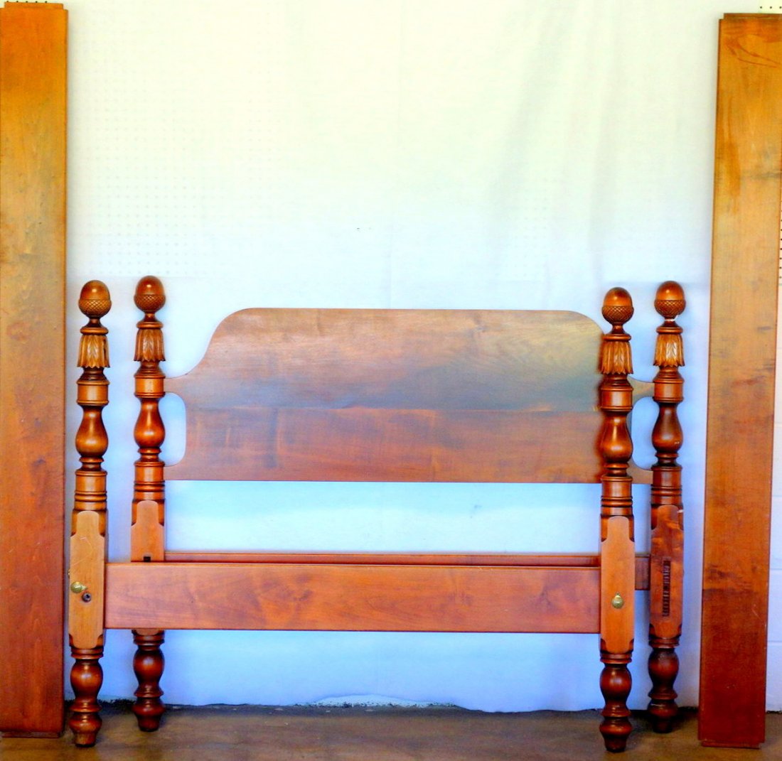 Early maple low 4 poster bed with acanthus carved posts: Early maple low 4 poster bed with acanthus carved posts and acorn finials. Bed has been restored to conform to modern full size bed sizes. Sold by Leonard's New England (cost 4k when purchased). Very