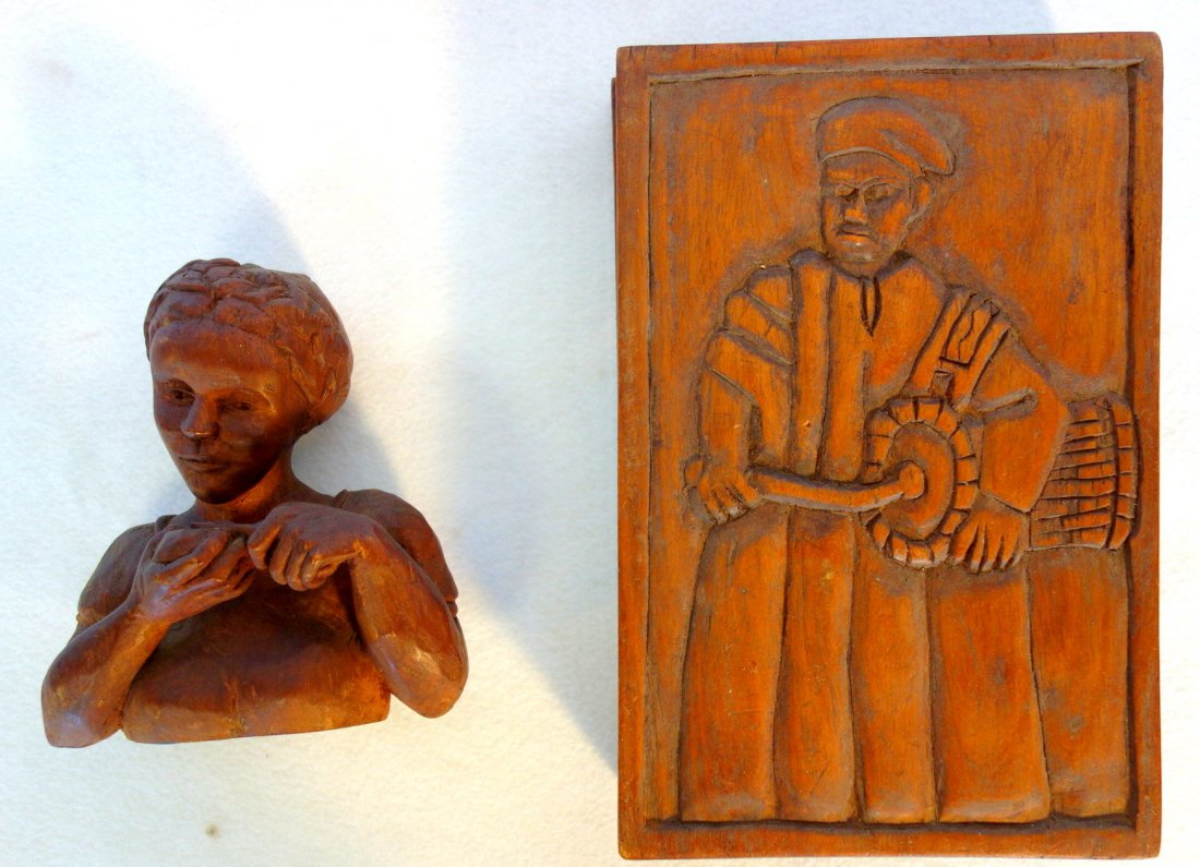 Two carved wooden items including a sculpture of a lady: Two carved wooden items including a sculpture of a lady cutting fruit - 7.25"H - late 19th to early 20th century, and a game box with interior compartments - lid with carving of man beating drum - lat