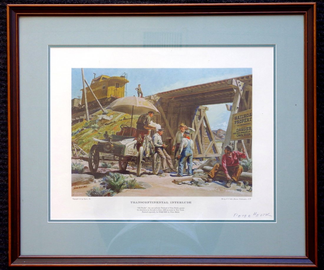Colored print entitled "Transcontinental Interlude": Colored print entitled "Transcontinental Interlude" pencil signed by artist Peter Helck (NY 1893-1988 - Noted illustrator specializing in racing cars), copyright 1946 by Esquire Inc. - Pub. by L. I. A