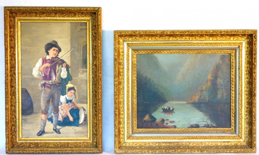 Two 19th century O/C paintings framed in good American: Two 19th century O/C paintings framed in good American 19th century gesso frames. Includes: 1) O/C man playing violin signed Mme Goellner '87 (after a similar painting by Carl Becker - German 1820-190