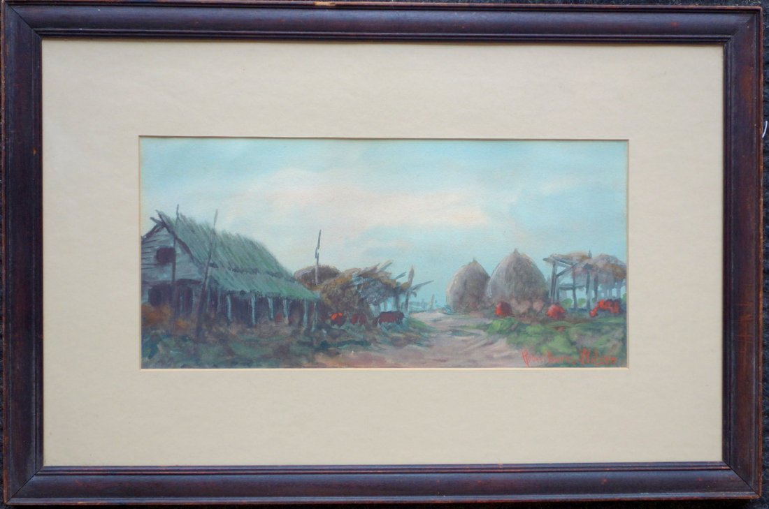 Robert Burns Wilson (NY, KY 1851-1916). W/C Barns, hay: Robert Burns Wilson (NY, KY 1851-1916). W/C Barns, hay stacks and cow signed by Robert Burns Wilson - very good condition - SIght size 15" x 7".