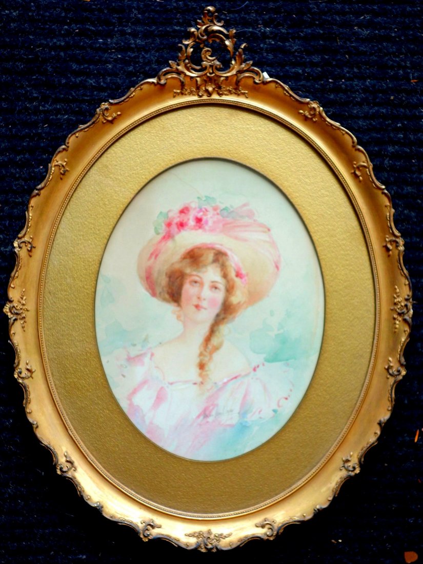 Marion Esther Markham (NY 1875-1918). W/C Portrait of: Marion Esther Markham (NY 1875-1918). W/C Portrait of an Edwardian lady wearing bonnet, signed by artist. Sight size 12.25" x 9.5". Very good condition.