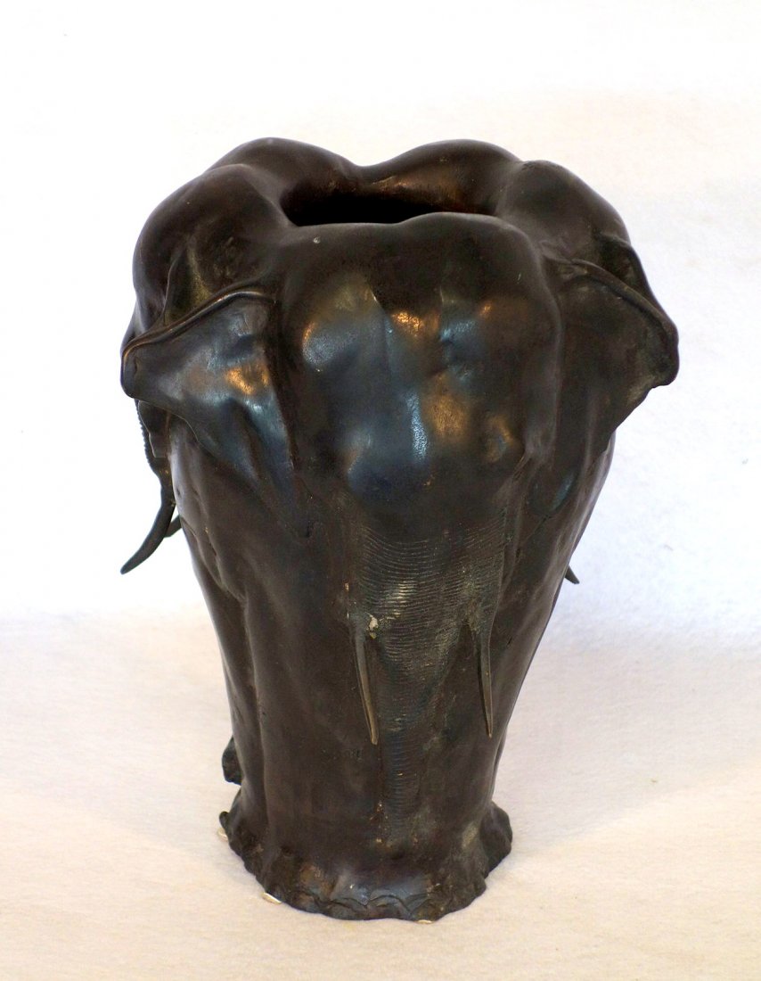 Bronze elephant vase signed P.J. Mene (after Pierre: Bronze elephant vase signed P.J. Mene (after Pierre Jules Mene), dark brown patination. Late 20th century. Missing marble base, otherwise good condition. 11"H.