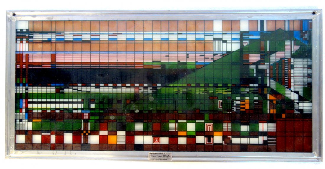 Frank Lloyd Wright Foundation issue of a stained glass: Frank Lloyd Wright Foundation issue of a stained glass window - 17.25" x 8.25". Probably late 20th century. Excellent condition.
