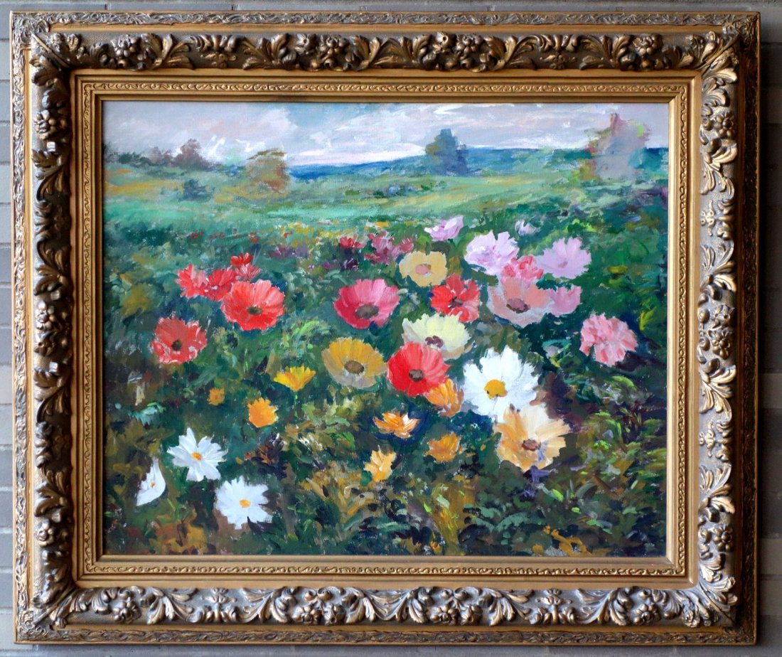 Large O/C Still life of flowers in ornate custom made: Large O/C Still life of flowers in ornate custom made gesso frame. Sight size 29" x 36". Provenance/Family History: Dr. Arnolds Jurjevics was born in Riga, Latvia, in 1906. He received his Doctor of M