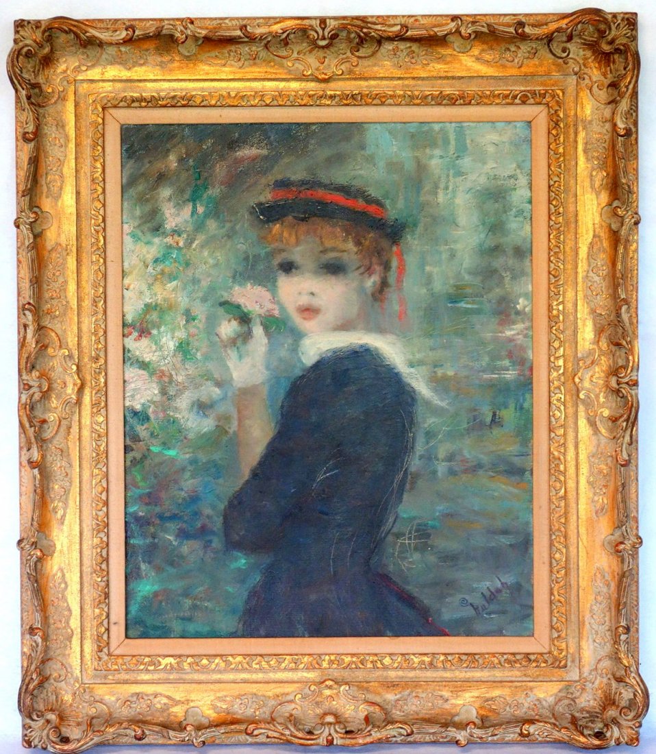 Large O/C Portrait of a young lady wearing a bonnet and: Large O/C Portrait of a young lady wearing a bonnet and holding a flower, signed Huldah (Huldah Jeffe, American 1901-2001 - Also known as Cherry Jeffe Huldah). Excellent condition. Currently mounted i