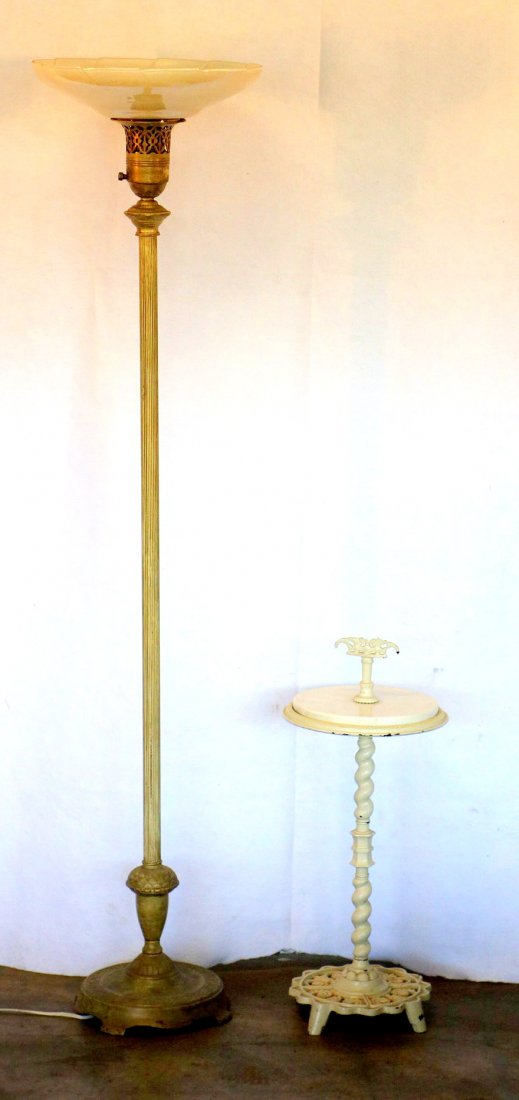 Two decorative objects including torchere floor lamp: Two decorative objects including torchere floor lamp and a marble top smoking stand with ornate cast iron base. Both in good condition in newer white paint. Early 20th century.