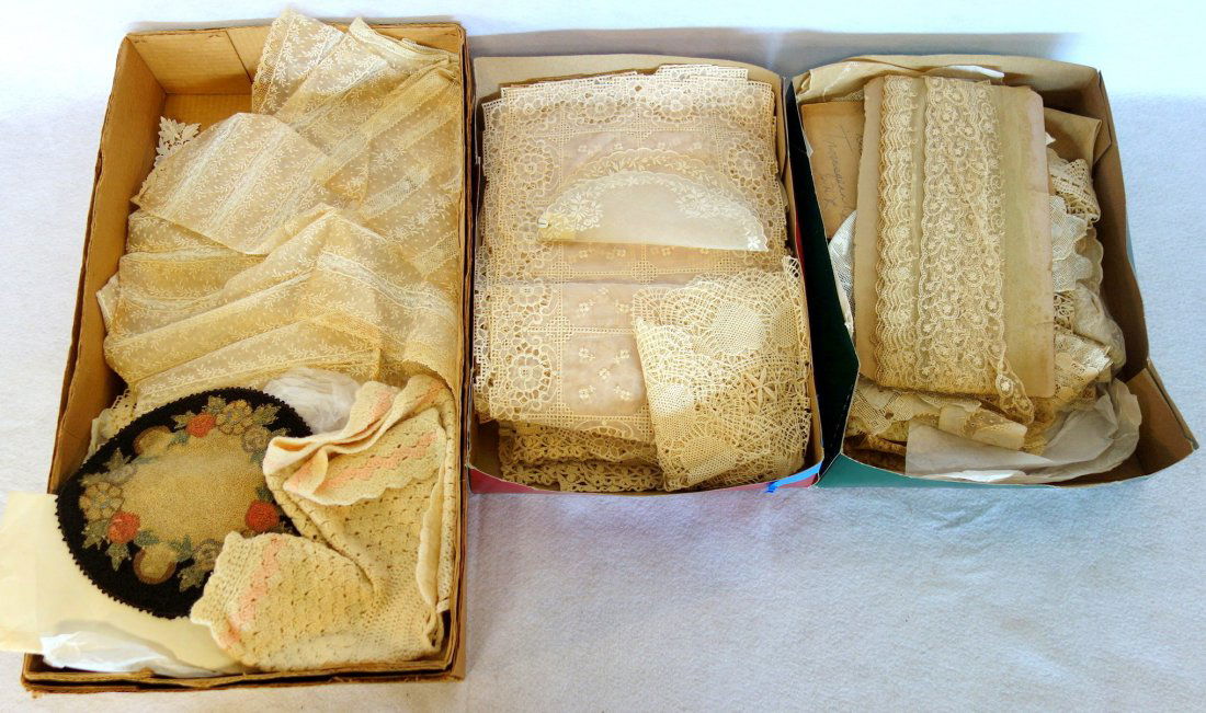 Grouping of mostly old lace, one piece with attached: Grouping of mostly old lace, one piece with attached Paris label; also includes a baby's crochet outfit.