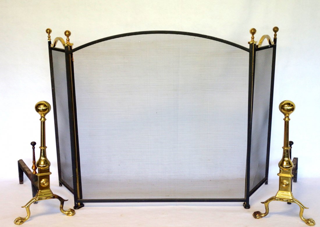 Pair of high quality contemporary brass Chippendale: Pair of high quality contemporary brass Chippendale style ball top andirons with claw and ball feet and brass stoppers - 19.5"H - custom made and stamped with maker's mark, together with a 3 section f