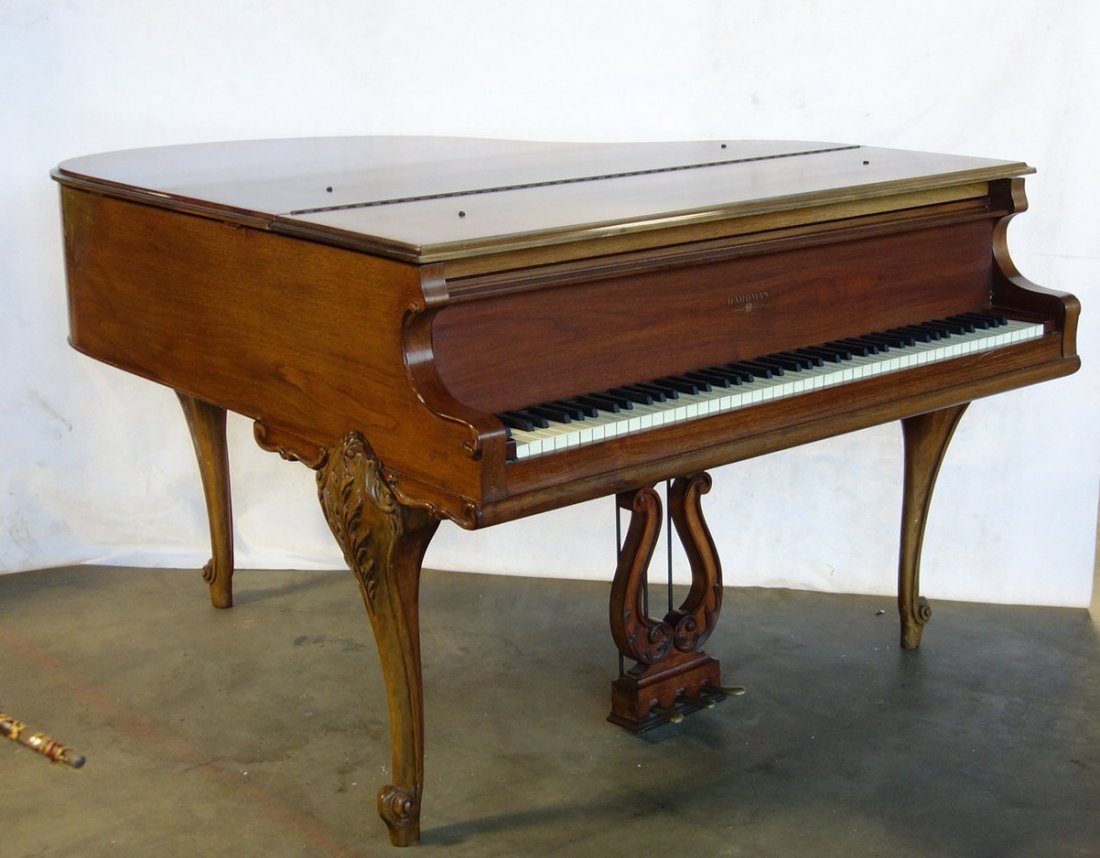 Hardman fruitwood baby grand piano in the French style: Hardman - Peck & Company fruitwood baby grand piano in the French style with carved cabriole legs. Several hardly noticeable scratches on left side of case, needs tuning, otherwise great overall condi